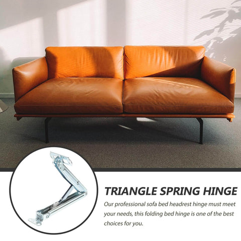 Triangle spring hinge next to a brown leather sofa with Adjustable Folding Lifting Bracket For Sofa Armrest Hinge And Sofa Bed Lift Hardware Drop Down Lift Mechanism With Hidden Locking Built Tough Massage Table Lifter Durable Iron Frame Stable Home And Office Furniture Lift System.