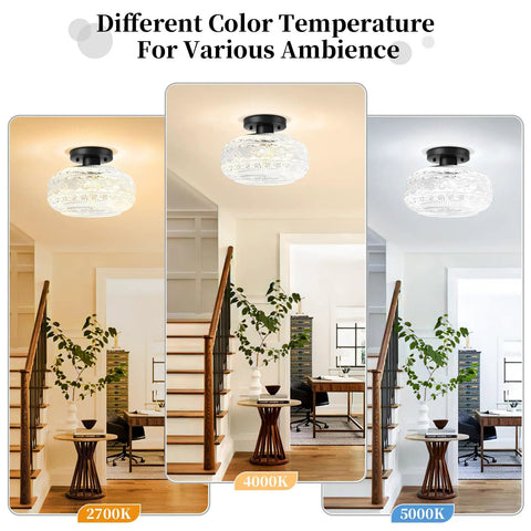 Semi Flush Mount Ceiling Light Fixture In Brushed Nickel With Globe Glass Shade, displayed in different color temperatures.
