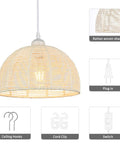 Plug In Pendant Light With 16ft Rattan Boho Woven Hanging Cord For Dining Room Living Room Kitchen Bedroom Arc Design Cream Finish Easy Install Chill Vibe Ambient Glow featuring detailed views of the switch, ceiling hooks, and a rattan woven shade.