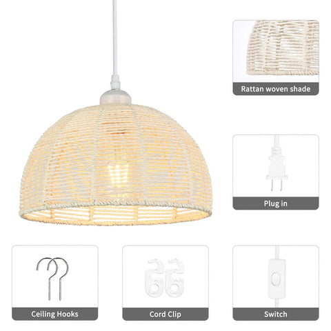Plug In Pendant Light With 16ft Rattan Boho Woven Hanging Cord For Dining Room Living Room Kitchen Bedroom Arc Design Cream Finish Easy Install Chill Vibe Ambient Glow featuring detailed views of the switch, ceiling hooks, and a rattan woven shade.