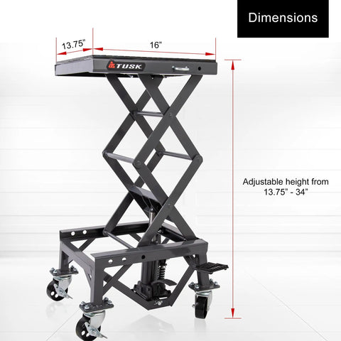 Heavy Duty Scissor Lift Stand For Motorcycles With Adjustable Height From 13.75 To 34 Inches Casters Rubber Top Pad Supports Up To 300 Lb