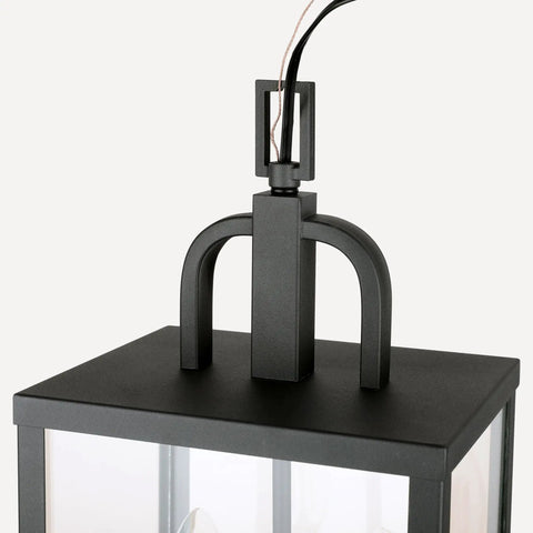 Top view of Heck Of A Solid Knockout Outdoor And Indoor Pendant Light With Sleek Black Steel Build and Clear Glass Shade.