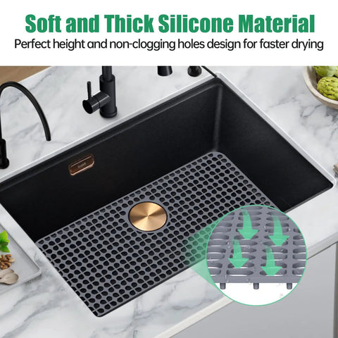 Silicone Kitchen Sink Mat Protector For Stainless Steel Sinks 27.2 X 13.4 Inches No Slip Heat Resistant Drain Grate Gray