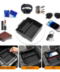 Subaru Forester Center Console Organizer 2025 2026 ABS Armrest Tray Insert with organized items like keys and sunglasses shown.