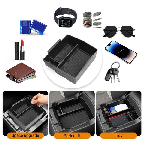 Subaru Forester Center Console Organizer 2025 2026 ABS Armrest Tray Insert with organized items like keys and sunglasses shown.