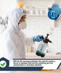 Person wearing Disposable Hazmat Suit 10 Pack With Hood Heavy Duty Breathable Coverall Medium, holding spray bottle indoors.