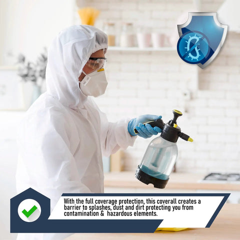 Person wearing Disposable Hazmat Suit 10 Pack With Hood Heavy Duty Breathable Coverall Medium, holding spray bottle indoors.