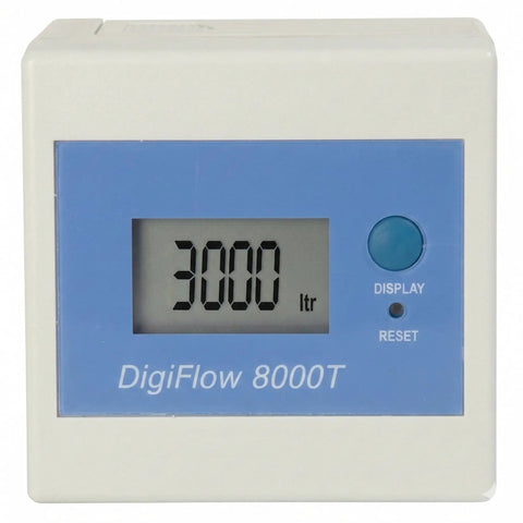 DigiFlow 8000T Flow Meter With One Quarter Inch Quick Fitting For Precise Water Monitoring, countdown display showing 3000 liters