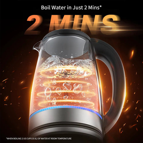2L Glass Electric Kettle With 1500W Fast Boil, Auto Shut Off, LED Light, BPA Free Borosilicate Glass showing boiling water