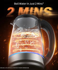 2L Glass Electric Kettle With 1500W Fast Boil Auto Shutoff LED Light BPA Free Borosilicate Glass Stainless Steel Interior Wide Opening Easy Pour Spout Perfect for Tea Coffee Office, boiling water with LED light.