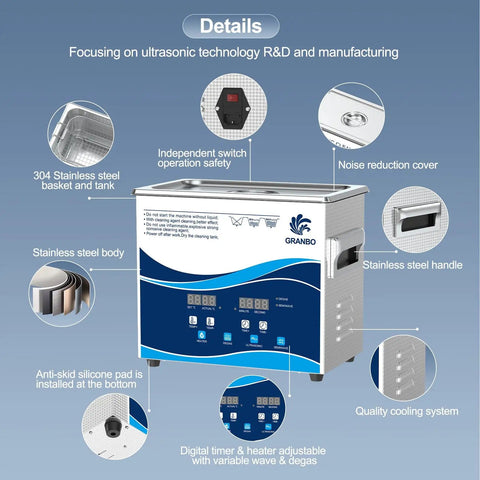 Ultrasonic Cleaner 3.2L 120W Dope Cleaning Power 40kHz with heater timer degassing 110V digital dial exposed with details