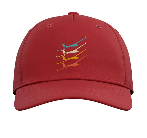 Red adjustable printed baseball hat for sailplane lovers and club pilots, featuring glider designs, front view.