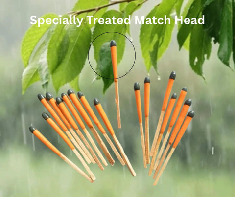 Windproof And Waterproof Storm Matches in a Durable Waterproof Case with Wax Rope, shown with rain and leaves