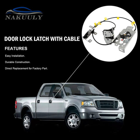 Rear Left Driver Side Door Lock Actuator Latch Assembly With Cable For 2004 To 2008 Ford F150 Extended Cab Pickup Truck, showing installation features.