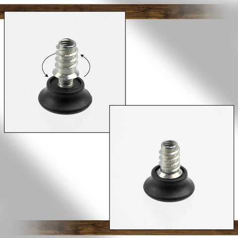 4 Pack Adjustable Furniture Leveling Feet Kit With M8 Screws And M8 Threaded Inserts For Wood Hex Socket Plastic And Steel Construction DIY Friendly Stabilizers And Levelers For Home Or Shop shown in assembly steps and close-up detail.