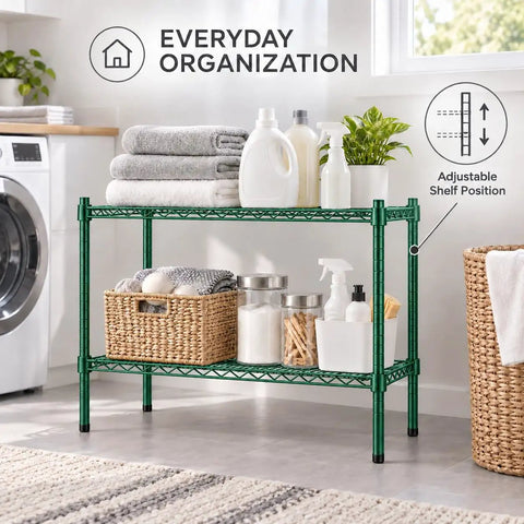Badass Two Shelf Heavy Duty Wire Shelving Unit, 14x60x27 Green Epoxy NSF Rack For Kitchen Garage, Adjustable And Legit Storage Solution That Handles Heavy Loads Without Breaking Sweat in a laundry setup.