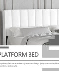 Modern White Full Size Bed Frame With Linen Upholstered Channel Tufted Headboard showcasing plush headboard detail.