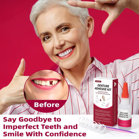 Instant Denture Glue For Loose Teeth And Cracked Dentures, Fast Bond In 15 To 60 Seconds, Lasts Days, 1oz, product display with smiling person