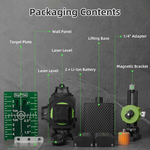 Top Tier 4D Green Laser Level With 360 Self Leveling Cross Lines, shown with wall panel, lifting base, magnetic bracket, and targets.