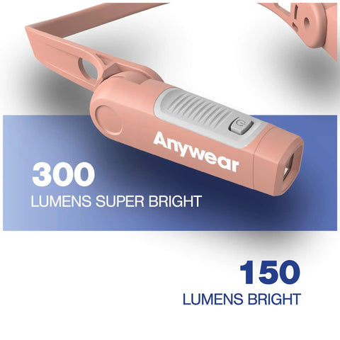 Rose magnetic neck light, 300 lumens super bright mode, detachable for hands-free use, shown with Anywear branding.