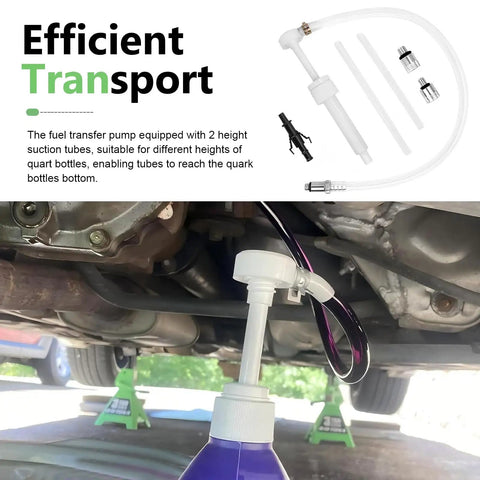 Heavy Duty Manual Transmission Fluid Pump Kit Portable Oil Transfer Pump With 3/8 Inch Swivel and Quick Swap Adapters showing suction tube in use.