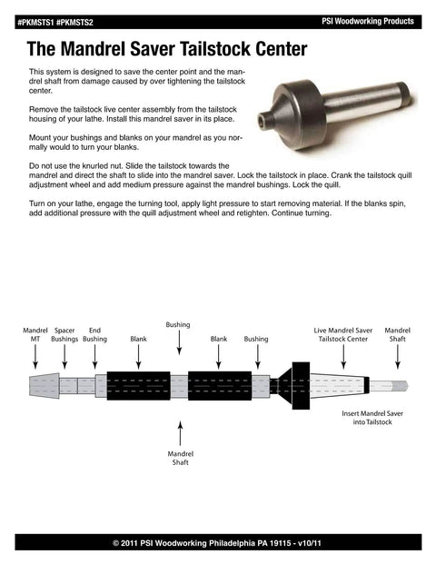 Diagram showing Live Tailstock Mandrel Saver For Pen Turning Pros No Spacer Bushings Needed Eliminates End Pressure And Vibration.