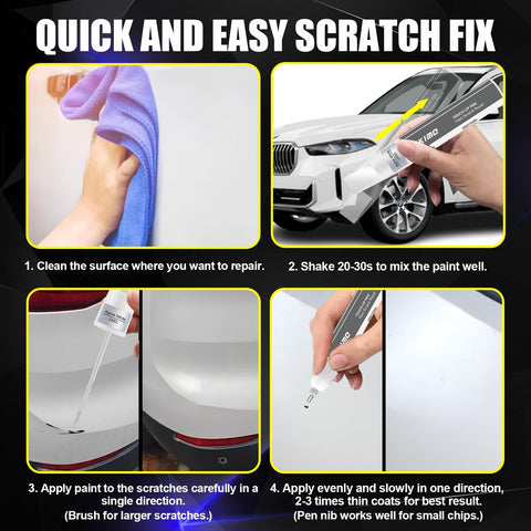 BMW Alpine White 300 Touch Up Paint Kit For BMW Cars showing steps for scratch repair with pen tip and brush.