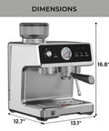 Espresso Machine With Auto Tamper Auto Cleaning Milk Frother And Built In Grinder For At Home Barista Grade Cappuccinos Lattes And Macchiatos With Nine Bar Pressure Extraction And Cafe Quality Crema In Sleek Stainless Steel side view with dimensions.