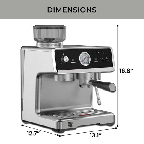 Espresso Machine With Auto Tamper Auto Cleaning Milk Frother And Built In Grinder For At Home Barista Grade Cappuccinos Lattes And Macchiatos With Nine Bar Pressure Extraction And Cafe Quality Crema In Sleek Stainless Steel side view with dimensions.