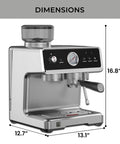 Automatic Espresso Machine With Built In Grinder And Auto Tamper For Barista Grade Morning Sips features dimensions of 12.7" x 13.1" x 16.8".