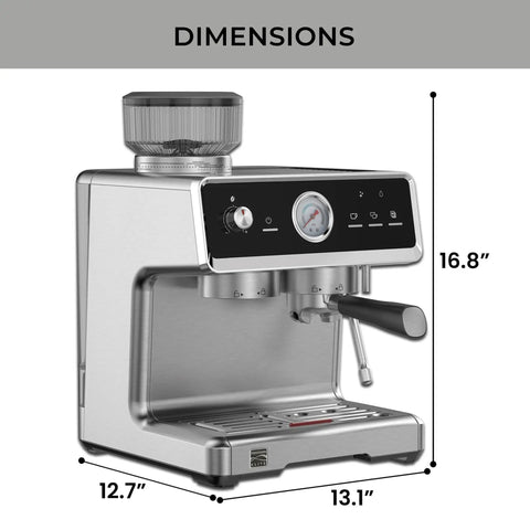 Automatic Espresso Machine With Built In Grinder And Auto Tamper For Barista Grade Morning Sips features dimensions of 12.7" x 13.1" x 16.8".