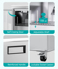 Heavy Duty Twenty Seven Inch Undercounter Worktop Freezer With Sleek Digital Temperature Controller and Rapid Airflow Design features self-closing door.