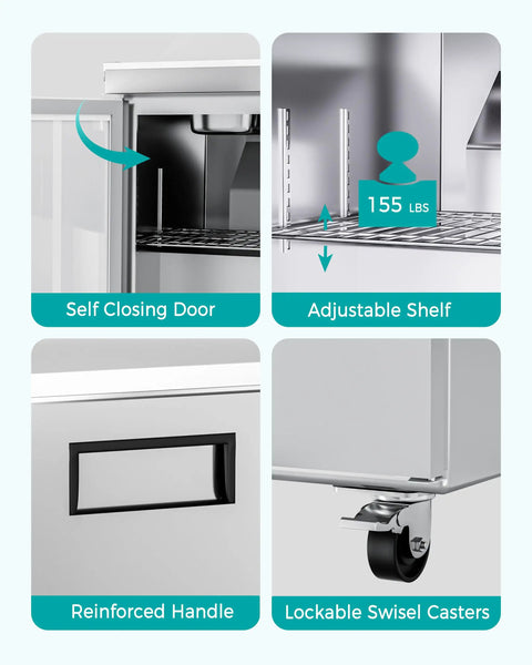 Heavy Duty Twenty Seven Inch Undercounter Worktop Freezer With Sleek Digital Temperature Controller and Rapid Airflow Design features self-closing door.