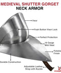 Bevor Armor In 16 Gauge Steel With Polished Finish for full face and neck protection, featuring adjustable leather strap with steel buckle