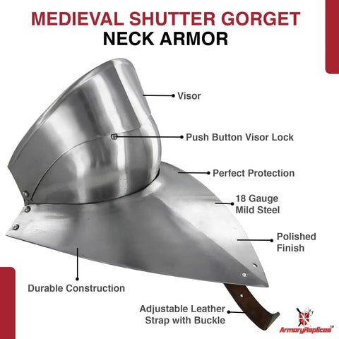 Bevor Armor In 16 Gauge Steel With Polished Finish for full face and neck protection, featuring adjustable leather strap with steel buckle