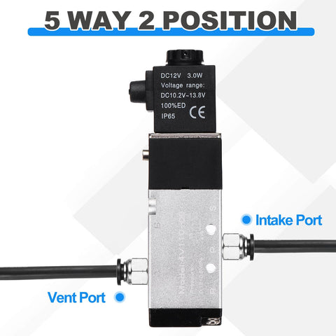Aluminum 5 Way Pneumatic Solenoid Valve DC 12V Normally Closed 2 Position With One Eighth Inch NPT Ports front view