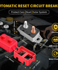 Beefy 30 Amp Automatic Reset Circuit Breaker 12V 24V DC Waterproof IP66 For Automotive Marine Boat RV Trailer Solar System With Cover And Stud Bolt Terminals Pack Of 6, black and red