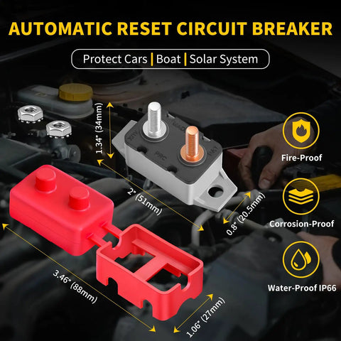 Beefy 30 Amp Automatic Reset Circuit Breaker 12V 24V DC Waterproof IP66 For Automotive Marine Boat RV Trailer Solar System With Cover And Stud Bolt Terminals Pack Of 6, black and red