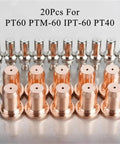 Ultimate 20 Pack Plasma Cutter Consumables Set With Electrodes And Nozzles For PT60 PT40 Torch includes copper and silver nozzles.