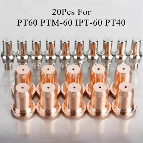 Ultimate 20 Pack Plasma Cutter Consumables Set With Electrodes And Nozzles For PT60 PT40 Torch includes copper and silver nozzles.