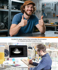 Man in blue shirt giving thumbs up in a workshop; designer working on a computer with LED light design in a modern office.