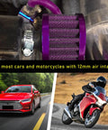 12mm Mini Air Filter For Universal Motor Cold Air Intake Breather Hot Turbo Vent Filter Cleaner Crankcase Breather Car Accessories For Motorcycle Engine Parts Purple showing close-up install and compatible vehicles