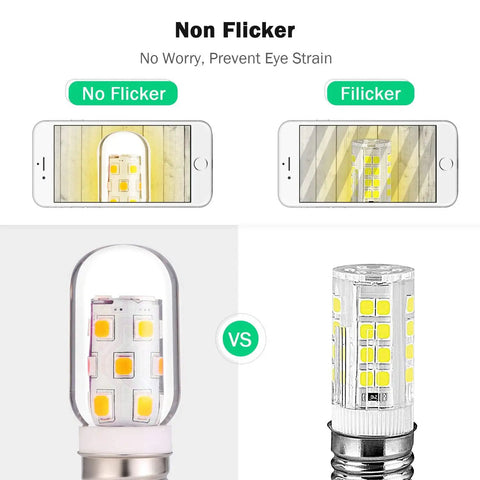 Comparison of flicker and non-flicker light bulbs with phone display, showcases Light Bulbs For Microwave Range Hood And Stove Replacement Pack Of 2 3W 360Lm Dimmable 5000K Daylight E17 Intermediate Base Incandescent Equivalent For Refrigerator Under Range Hood.