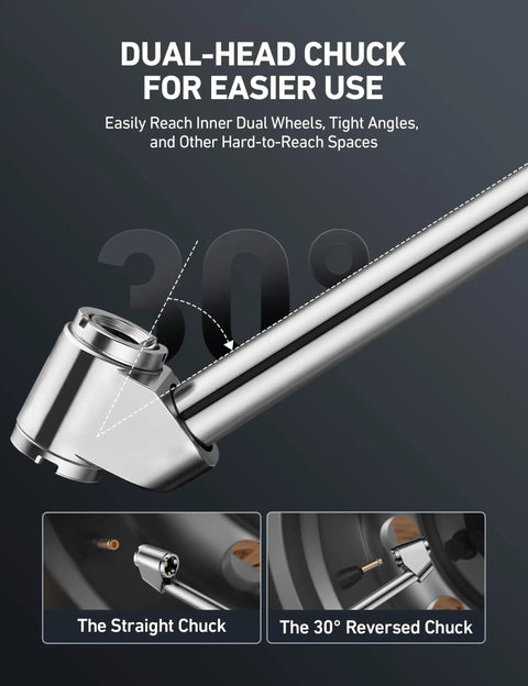 Dual-head chuck for Beefed Up Heavy Duty Tire Pressure Gauge With Inflator And Dual Head Chuck 10-120 PSI Range ANSI B40.1 Gauge