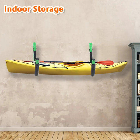 Heavy Duty Kayak Wall Mount Rack Kit Four Pack Green With Straps 100 Lb Capacity holding kayak indoors