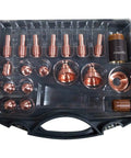 Powermax45 Essential Handheld Plasma Cutter Consumable Kit displayed in a plastic storage case with electrodes and nozzles.