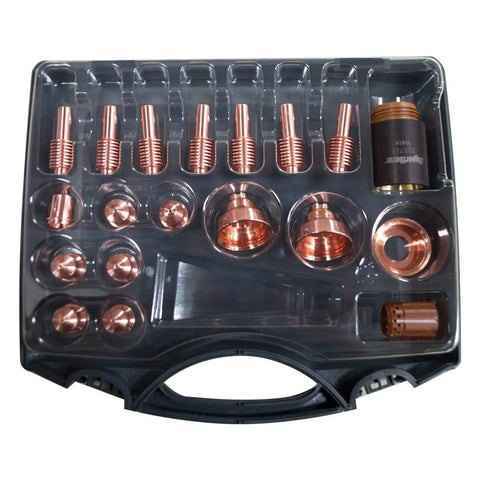 Powermax45 Essential Handheld Plasma Cutter Consumable Kit displayed in a plastic storage case with electrodes and nozzles.