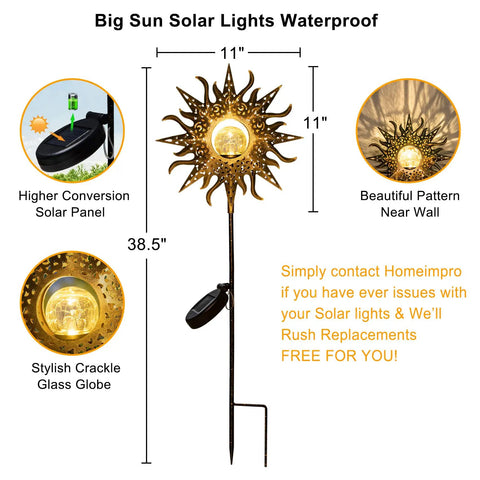 Sun Powered Solar Garden Light Stake With Crackle Glass Metal Finish, 38.5x11 waterproof LED yard decor for lawn and patio