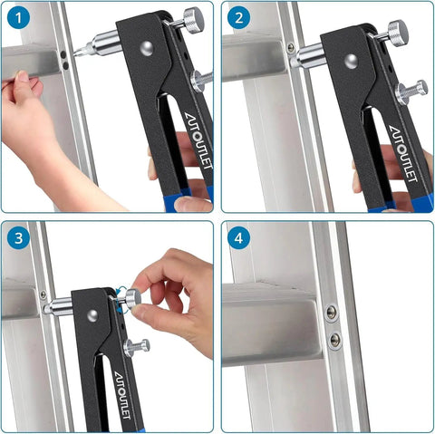 Beefy Heavy Duty Blind Rivet Nut Tool Kit With Hand Riveter being used on metal surface with clear close-up of mandrels