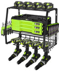Heavy Duty Power Tool Organizer Wall Mount Shelf With Floating Metal Construction Cordless Drill Holder, tools and batteries displayed